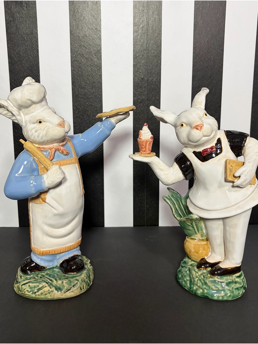 Charming Vintage Ceramic Rabbit Figurine Set  13" Tall
